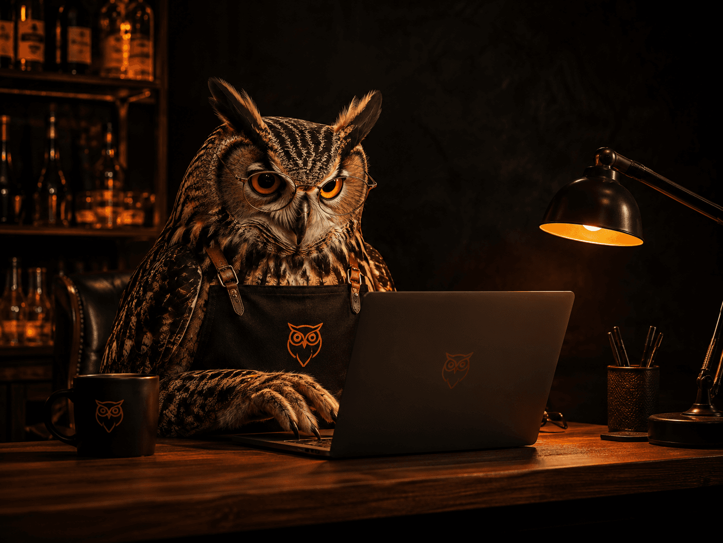 Pelėdos owl working at a computer